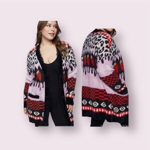 Forever 21 Mixed Strawberry Print Longline Cardigan Sweater Plush Fuzzy 1X